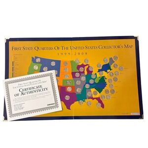 1999-2008 US State Quarter Collector Map Complete 50 Coin Set with Certificate